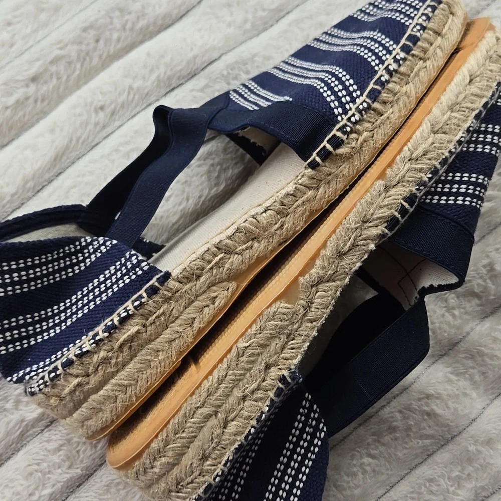 Navy Striped Espadrille Flats with Elastic V Panel